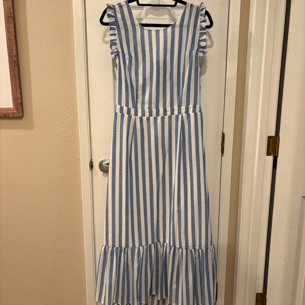 Molly Bracken Blue and White Striped Ruffle Dress - size Large